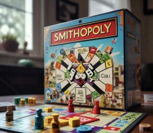 grupa przyjaciół grająca w Monopoly z hotelami i pieniędzmi na stole