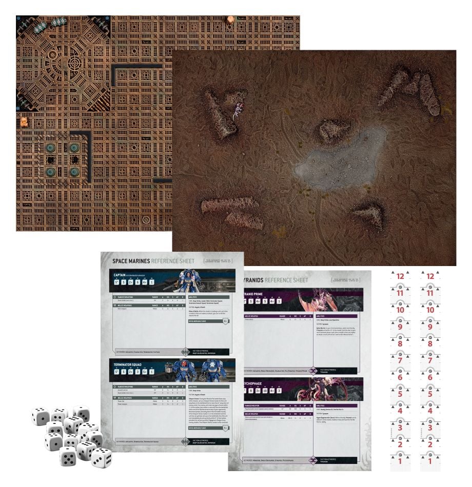 Kości i narzędzia do gry w Warhammer 40k czerwone kości sześciościenne rozsypane obok miarki dystansu