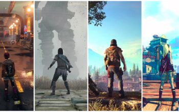 konsola PlayStation 5 obok ekranu z panoramicznym otwartym światem gry fantasy