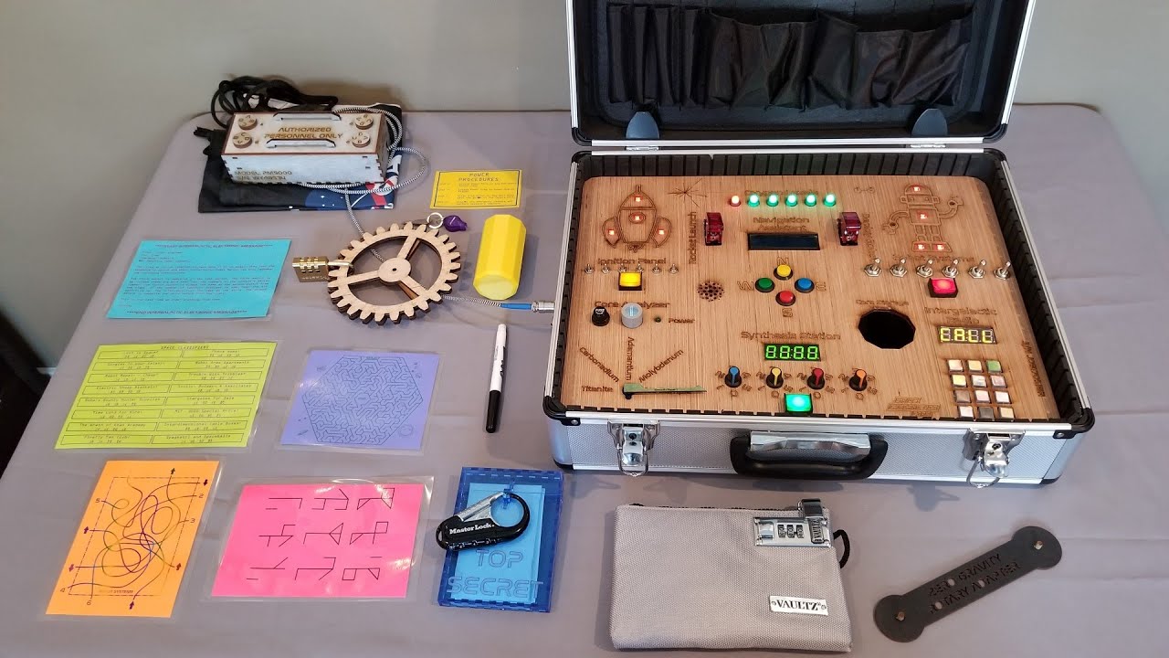 zestaw metalowych kłódek i kodów z pudełka escape room na stole