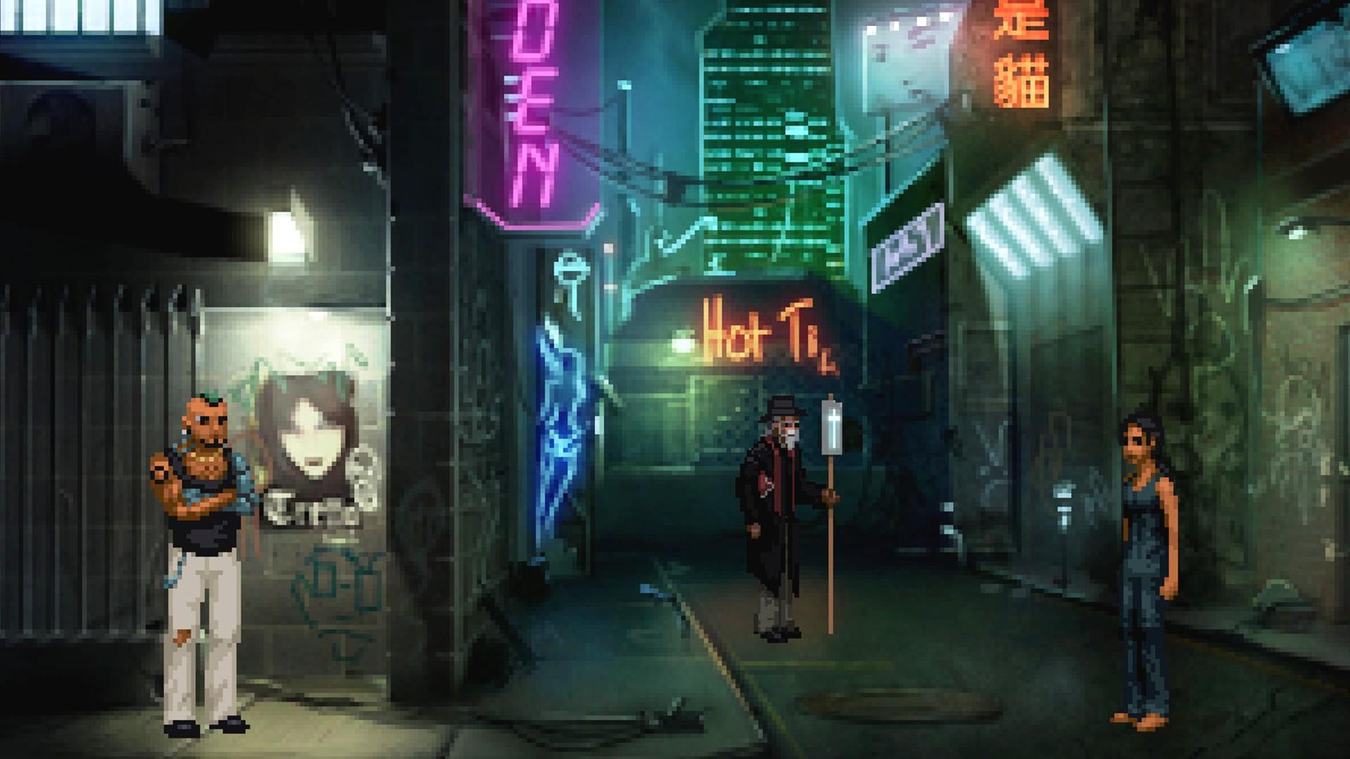 Deszcz i blask ulicznej scenerii cyberpunk postać w mokrym płaszczu na tle neonowych świateł