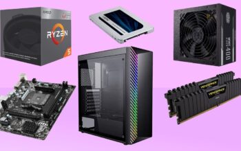 Rozłożone komponenty taniego PC do gier na stole z narzędziami montażowymi