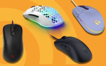 Kompozycja topowych myszek gamingowych do CS2 na czarnym tle z neonowym oświetleniem