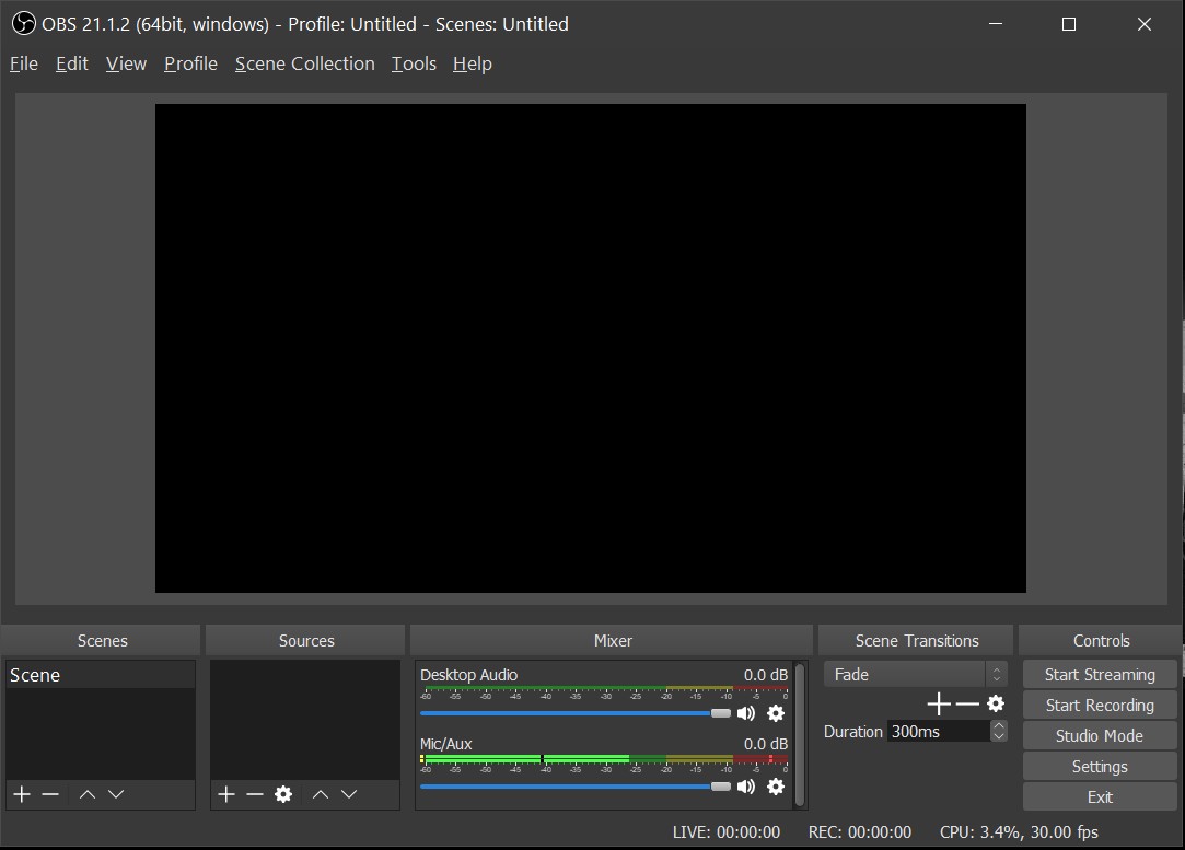 Interfejs programu OBS z panelami scen, źródeł i mikserem audio