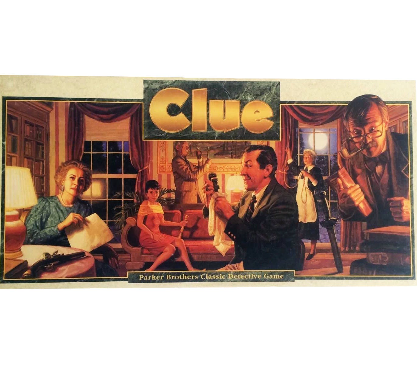 plansza Cluedo z kolorowymi pokojami postaciami i bronią na stole