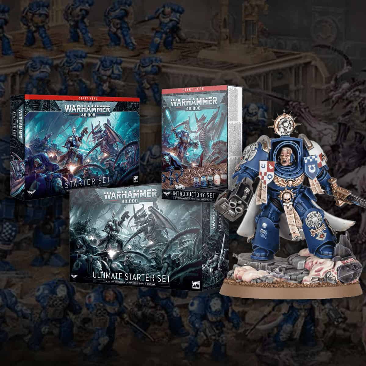 Zestaw startowy Space Marines Warhammer 40k pudełko starterowe Space Marines z figurkami i pojazdami na niebieskim tle